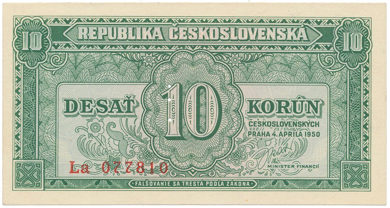 Československo, 10 Koruna 1950, série Aa - Zh, perforace 3 md v obloučku, Hej.86b.S2