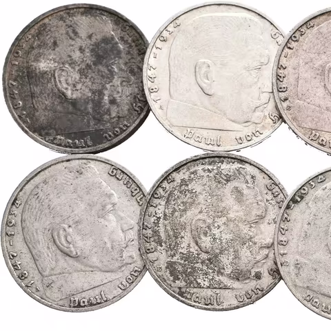Soubor stříbrných mincí 2 Marka 1937 - mincovny A, D, E, J,