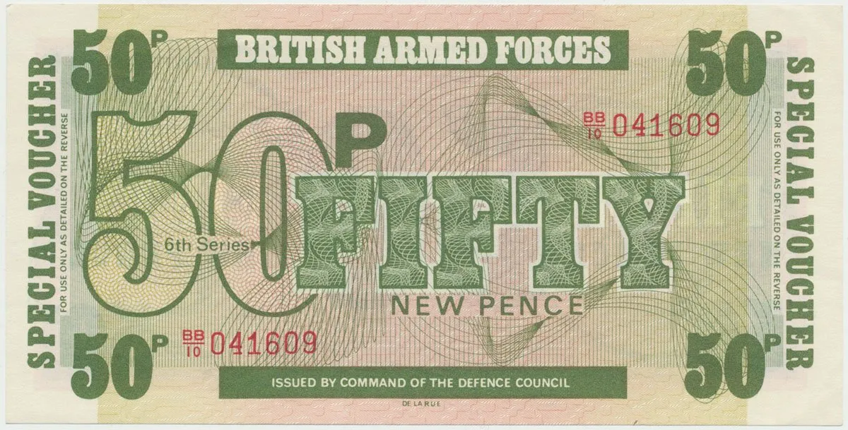 Velká Británie, 50 New Pence (1972), BAF - vojenské vydání, tisk TDLR, P.M46a