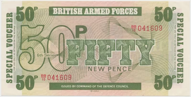 Velká Británie, 50 New Pence (1972), BAF - vojenské vydání, tisk TDLR, P.M46a