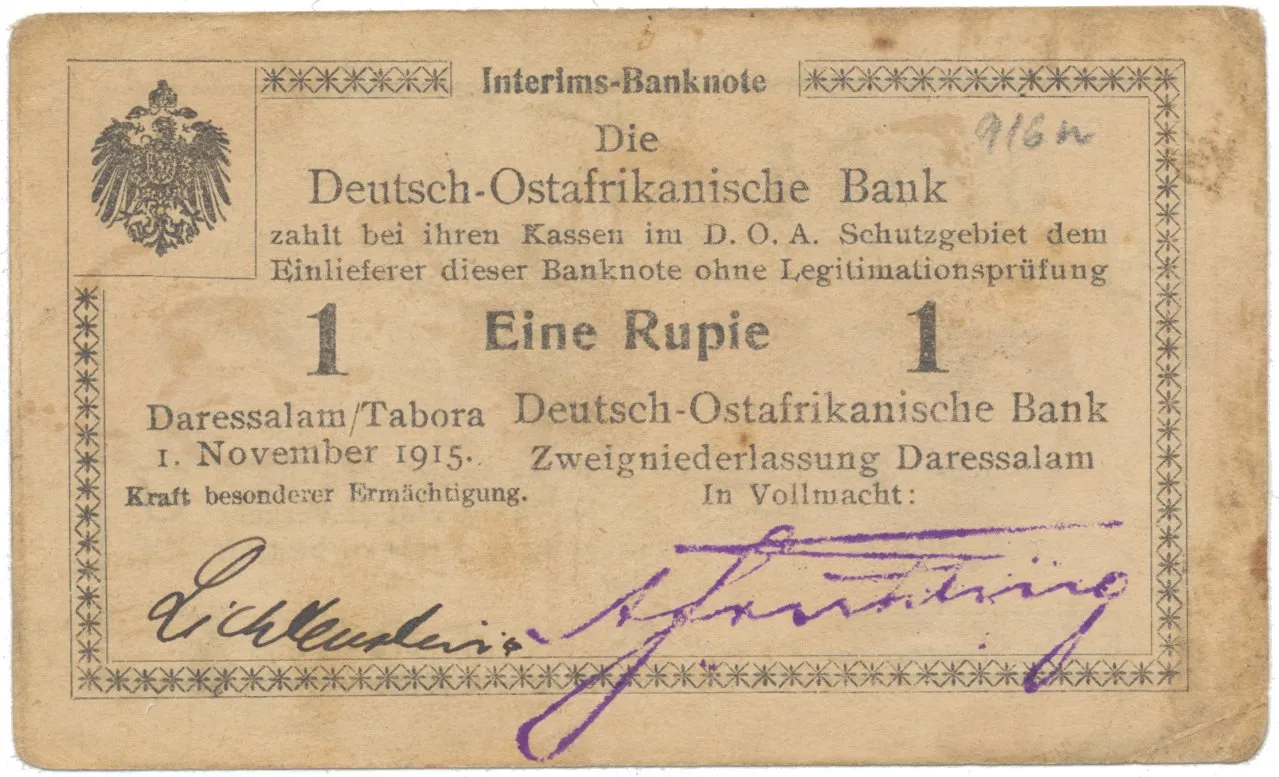 Německá Východní Afrika, 1 Rupie 1. 11. 1915, série U, vzácný podpis, R.916n