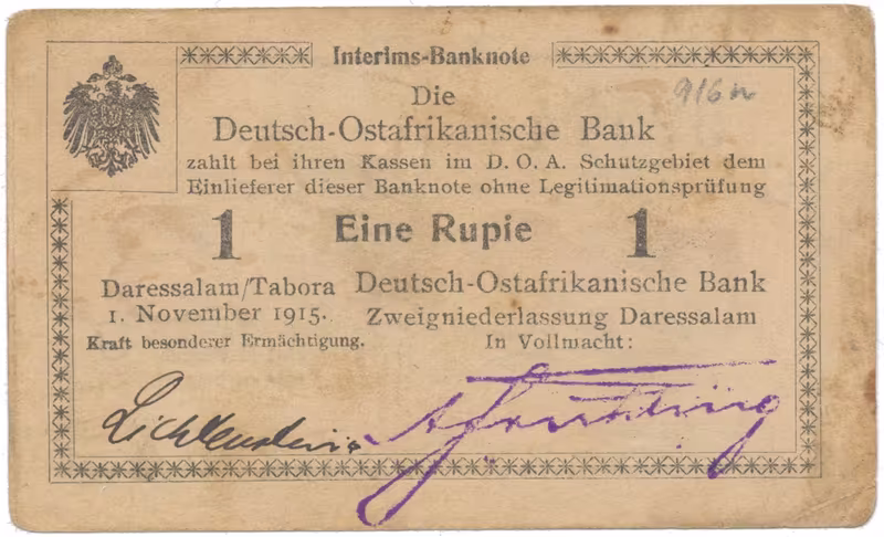 Německá Východní Afrika, 1 Rupie 1. 11. 1915, série U, vzácný podpis, R.916n