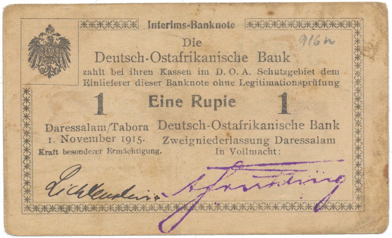 Německá Východní Afrika, 1 Rupie 1. 11. 1915, série U, vzácný podpis, R.916n