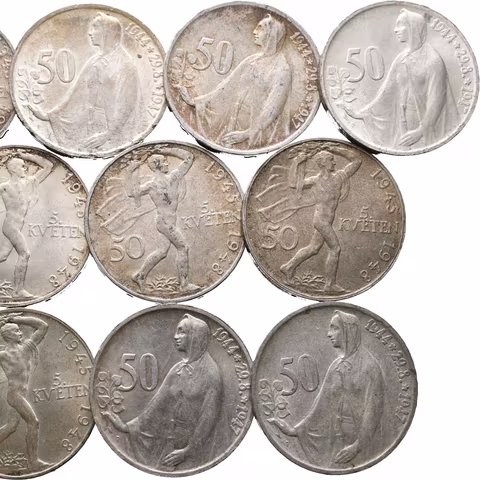 50 Kč 1947 - SNP (5x), 50 Kč 1948 - 5. Květen, pěkné zachovalosti, patina_