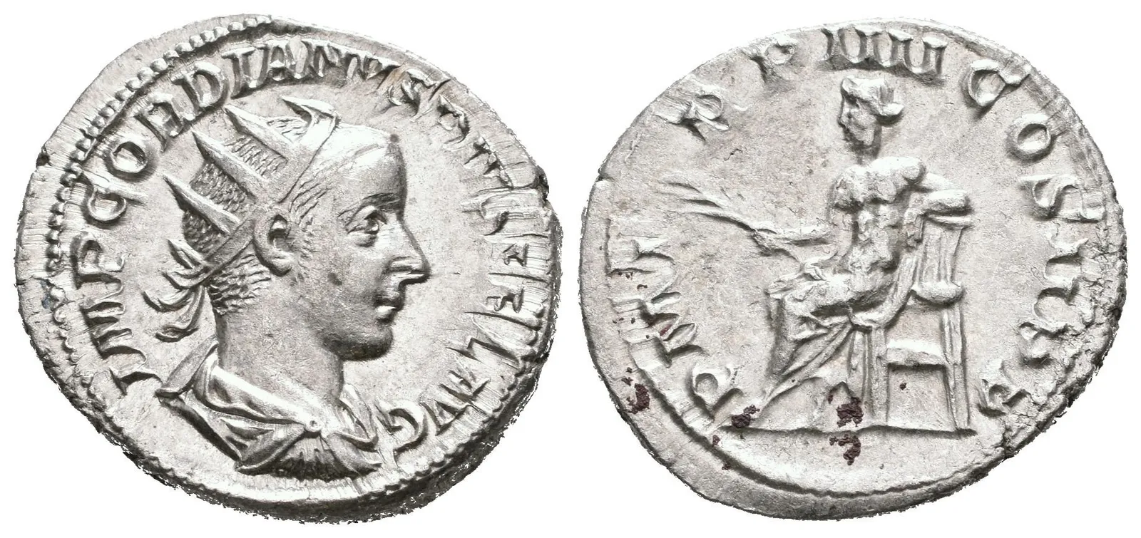 Antoninian, 241 - 243, Rv: P M TR P IIII COS II P P, sedící Apollo zleva drží větvičku — 1