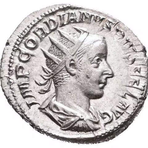 Antoninian, 241 - 243, Rv: P M TR P IIII COS II P P, sedící Apollo zleva drží větvičku