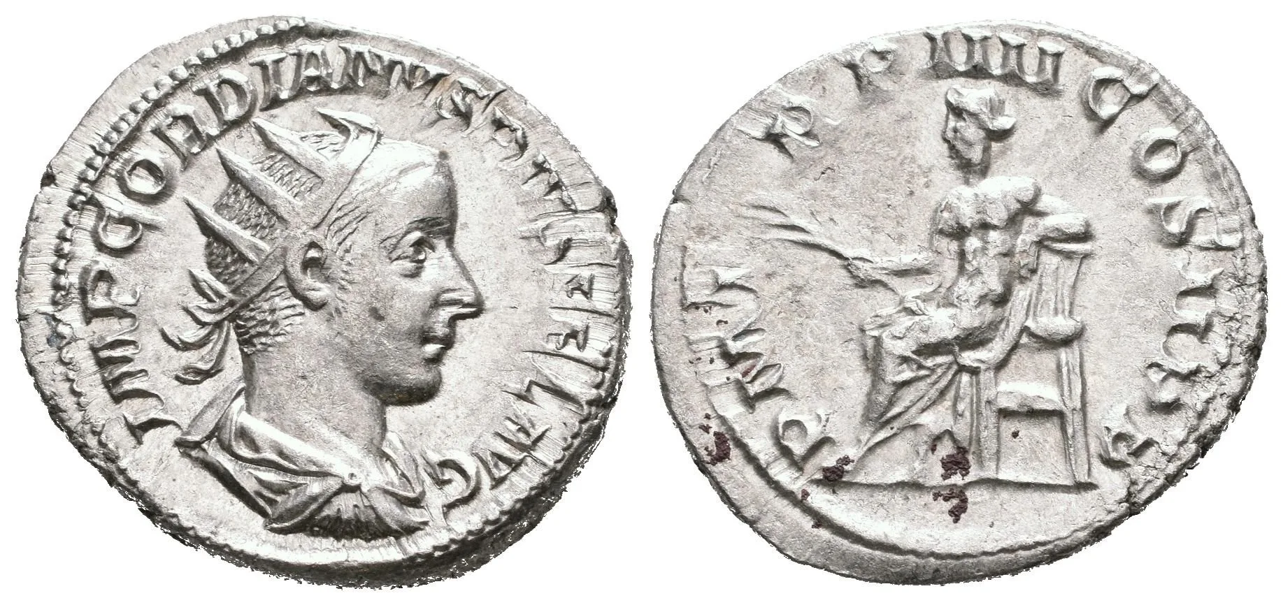 Antoninian, 241 - 243, Rv: P M TR P IIII COS II P P, sedící Apollo zleva drží větvičku — 1