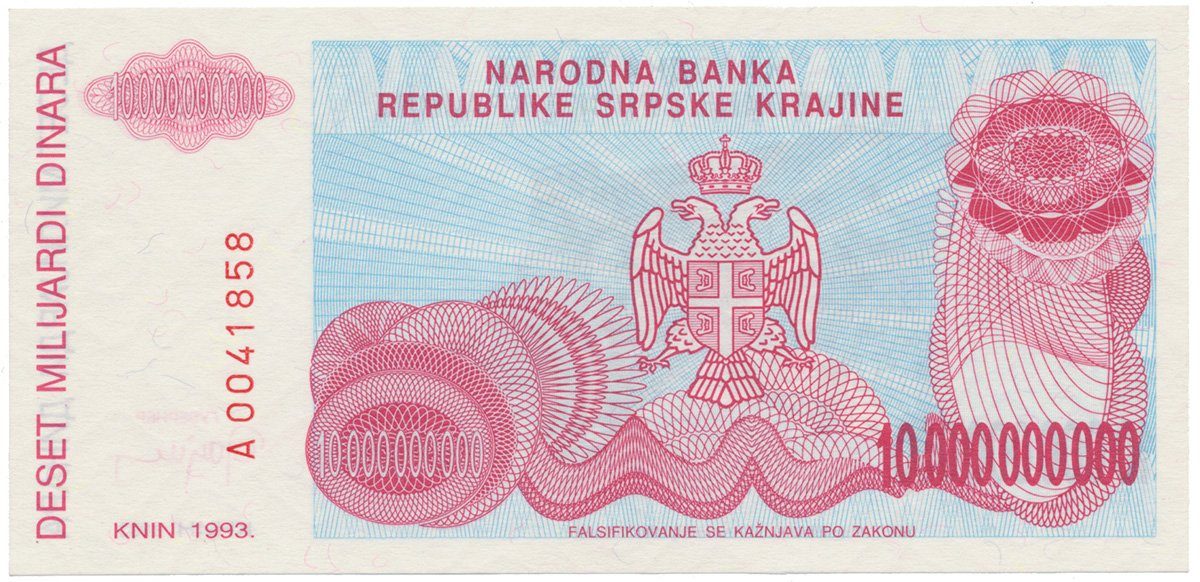 Chorvatsko, 10 Miliardi Dinara 1993, P.R28
