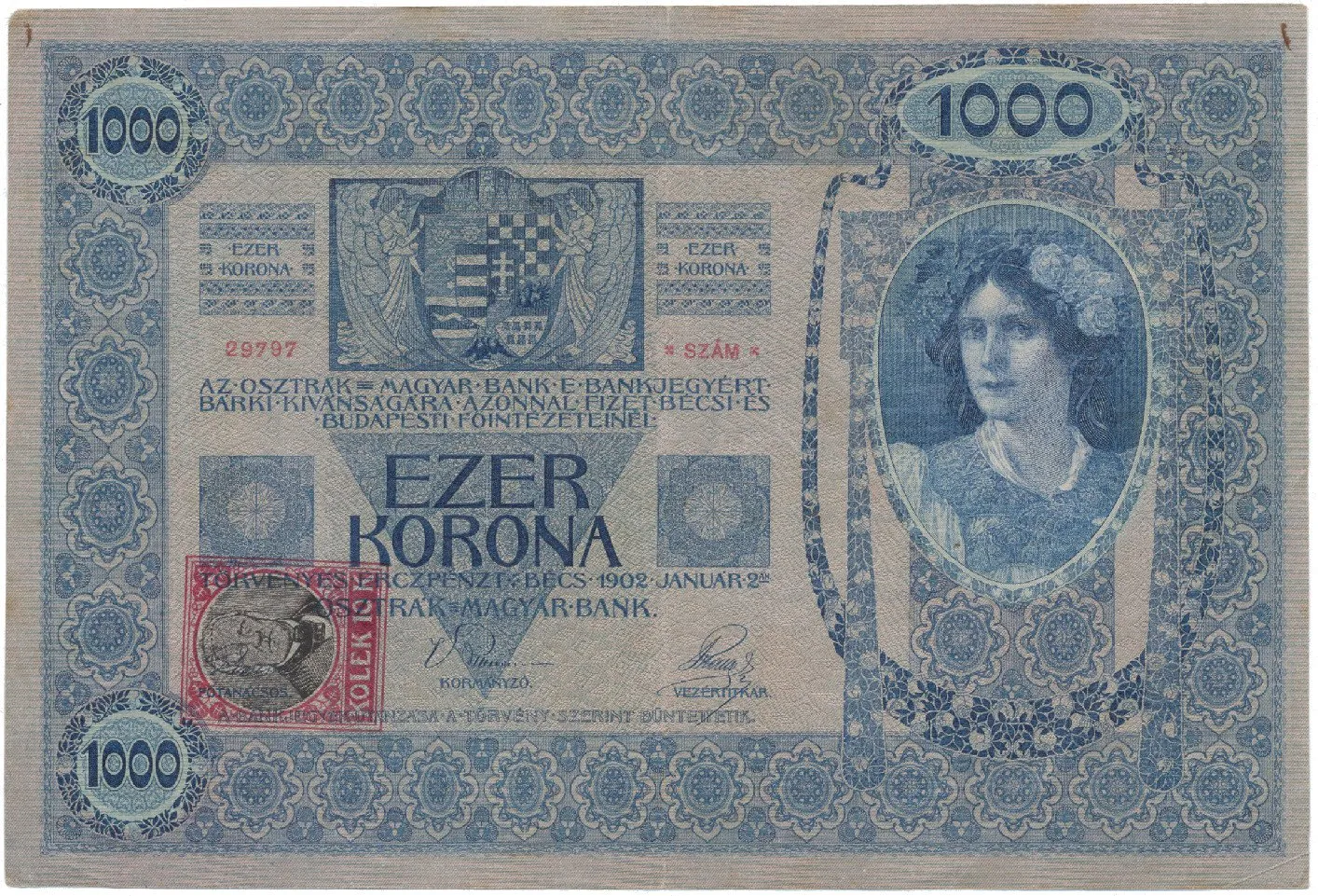 Československo, 1000 Koruna 1902 + kolek 1919, Hej.6