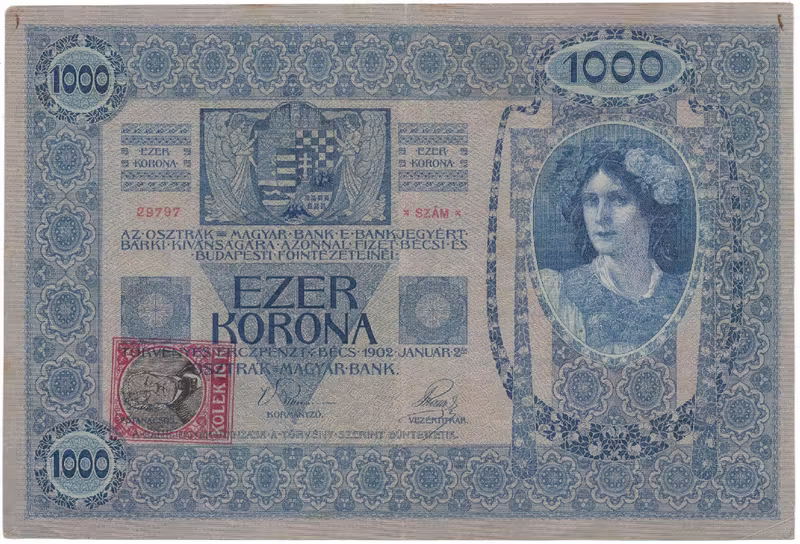 Československo, 1000 Koruna 1902 + kolek 1919, Hej.6
