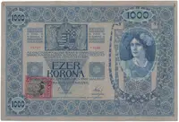 Československo, 1000 Koruna 1902 + kolek 1919, Hej.6
