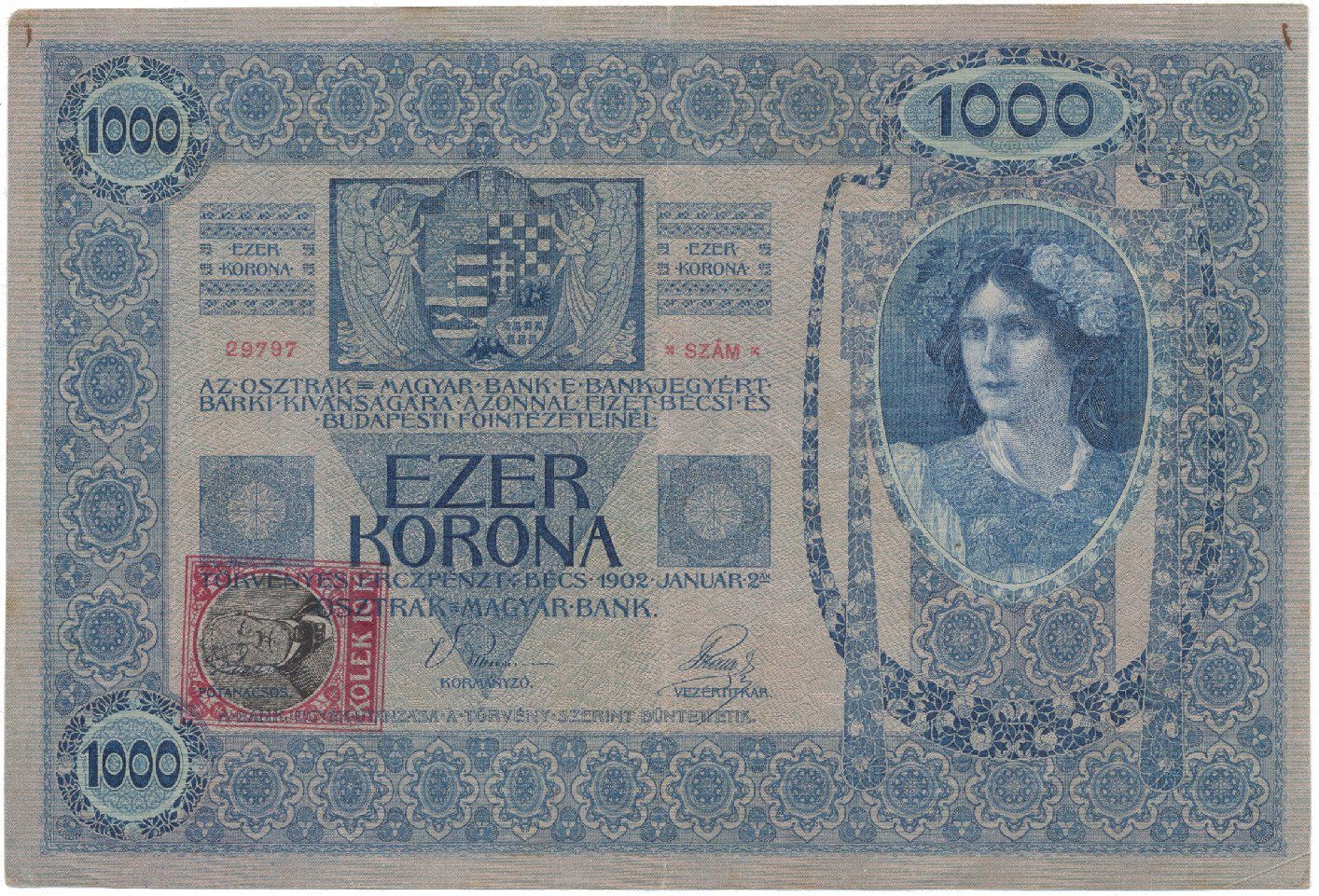 Československo, 1000 Koruna 1902 + kolek 1919, Hej.6