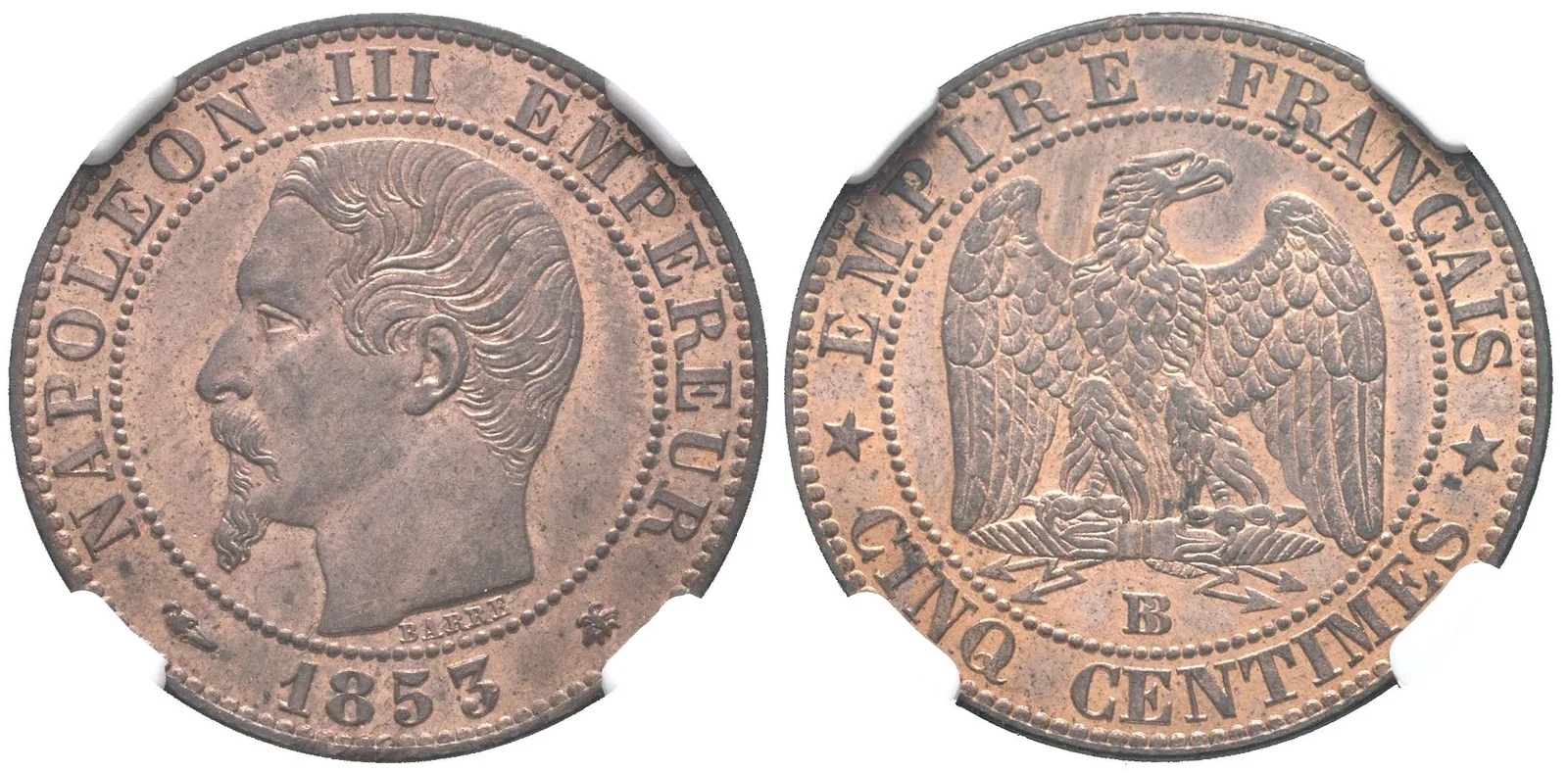 5 Centimes 1853 BB, Strasbourg, KM.777.1, certifikace NGC, hodnocení MS 64 RB, — 1