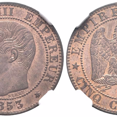 5 Centimes 1853 BB, Strasbourg, KM.777.1, certifikace NGC, hodnocení MS 64 RB,