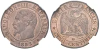 5 Centimes 1853 BB, Strasbourg, KM.777.1, certifikace NGC, hodnocení MS 64 RB, — 1