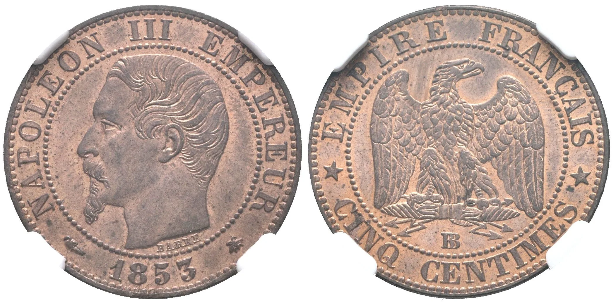 5 Centimes 1853 BB, Strasbourg, KM.777.1, certifikace NGC, hodnocení MS 64 RB, — 1
