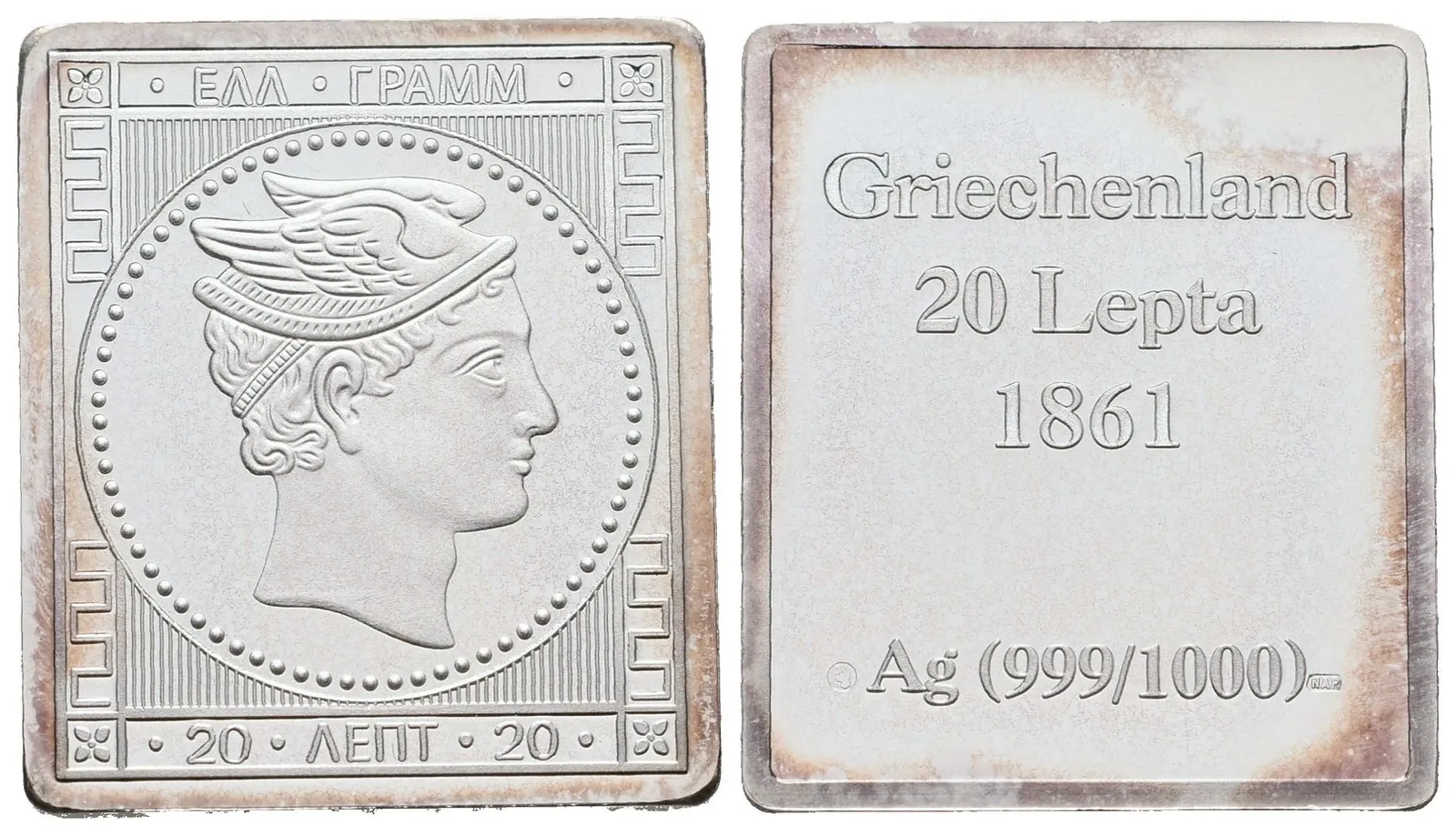 Stříbrná známka - Řecký Hermés 1861 - 20 lepta - Ag 7 g - 999/1000