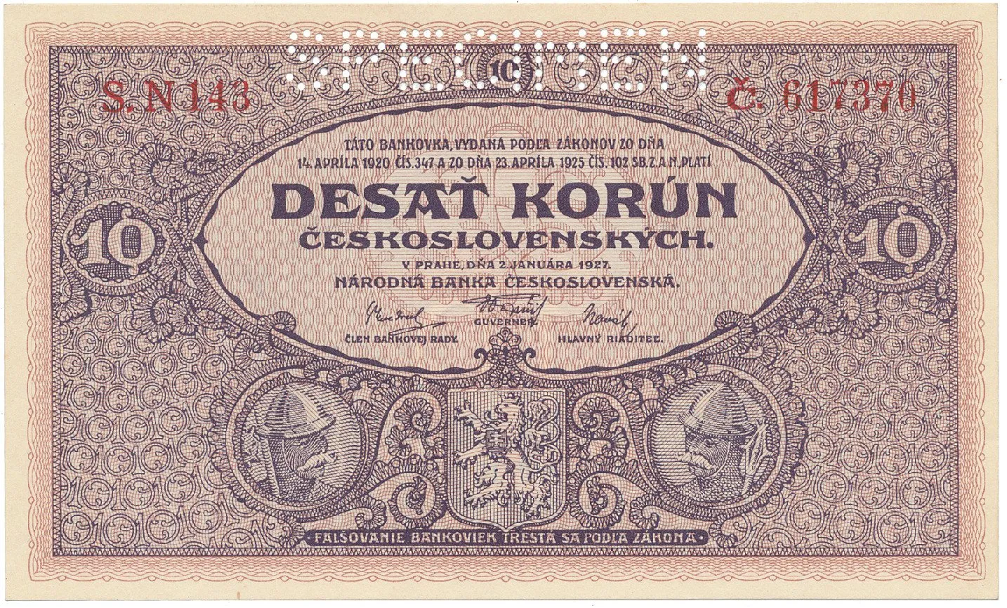 Československo, 10 Koruna 1927, série N, tisk TB NBČS, perf. 1x SPECIMEN, Hej.22bN