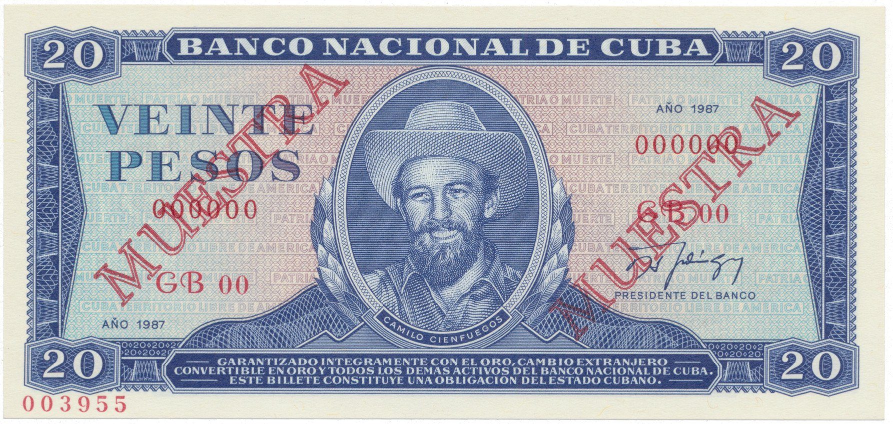 Kuba, 20 Pesos 1987, tisk STC Praha, anulát - 2x MUESTRA, bankovní vzor, P.105ds