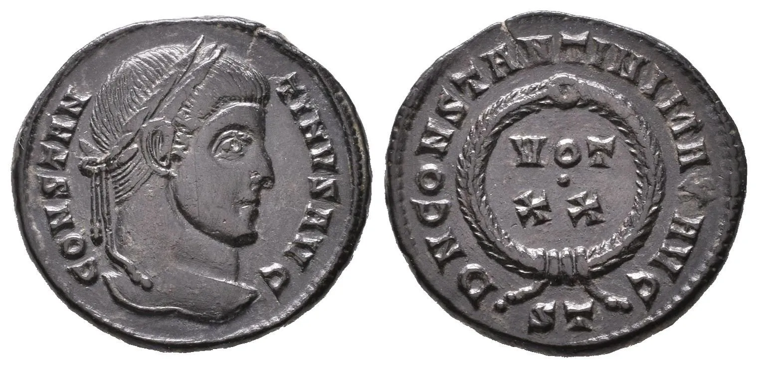 Follis, Ticinum, 319-320, Rv: DN CONSTANTINI MAX AVG, VOT XX ve věnci, — 1