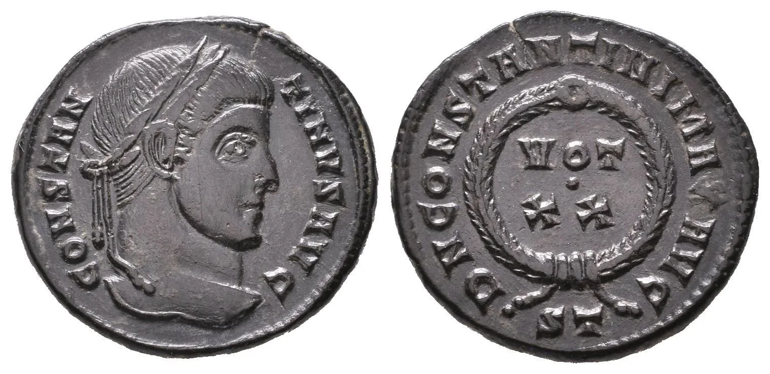 Follis, Ticinum, 319-320, Rv: DN CONSTANTINI MAX AVG, VOT XX ve věnci, — 1