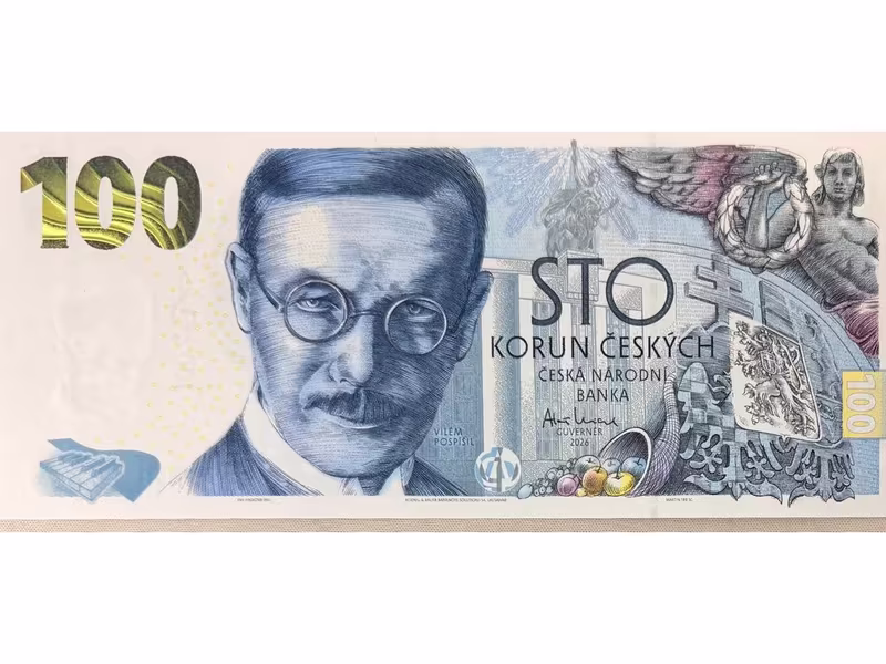 100 Koruna 2026 - Pamětní bankovka ke 100. výročí budování čs. měny - Vilém Pospíšil, série PJ09