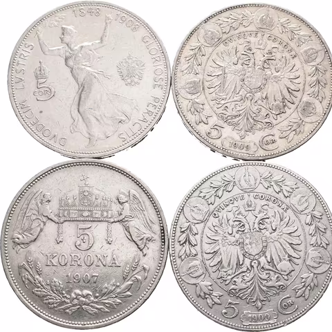 Soubor mincí - 5 Koruna 1909, typ Marschall, 5 Koruna 1909, typ Schwartz,