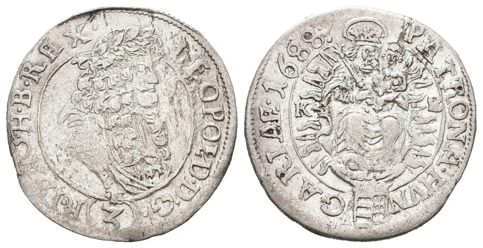 3 Krejcar 1688 KB, Kremnica, Husz.1466, patina, ned. a vada střížku — 1