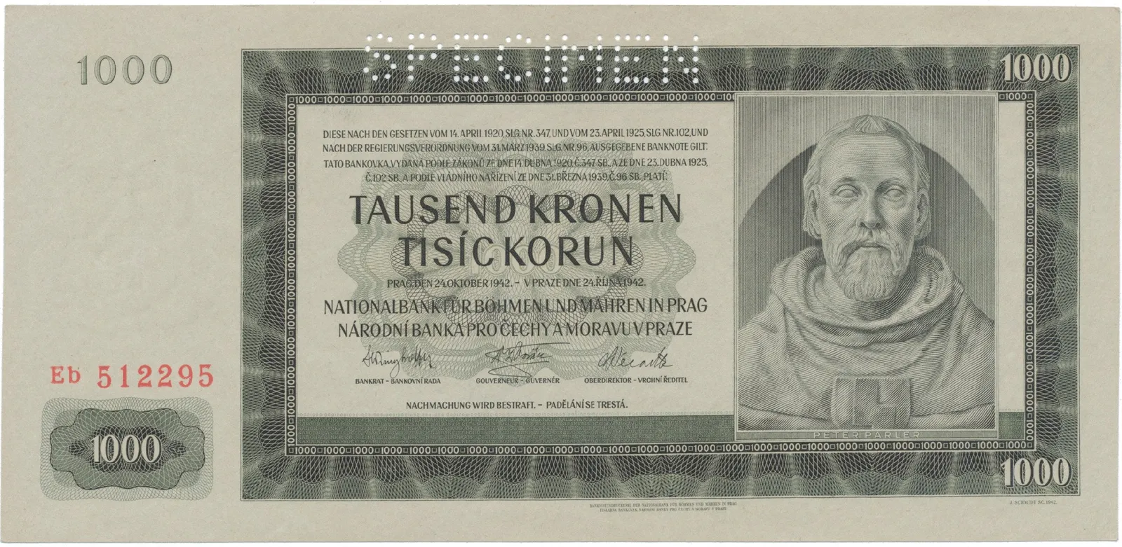 1000 Koruna 1942, II. vydání, SPECIMEN, Hej.39a.S1