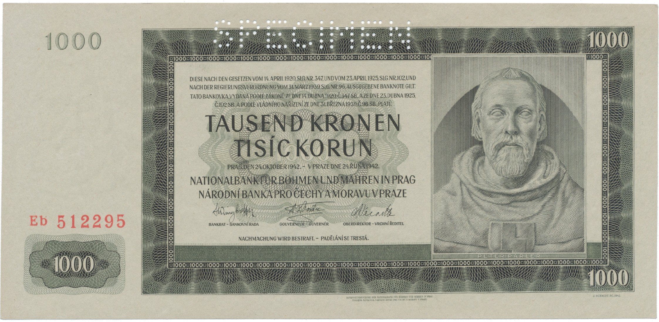 1000 Koruna 1942, II. vydání, SPECIMEN, Hej.39a.S1