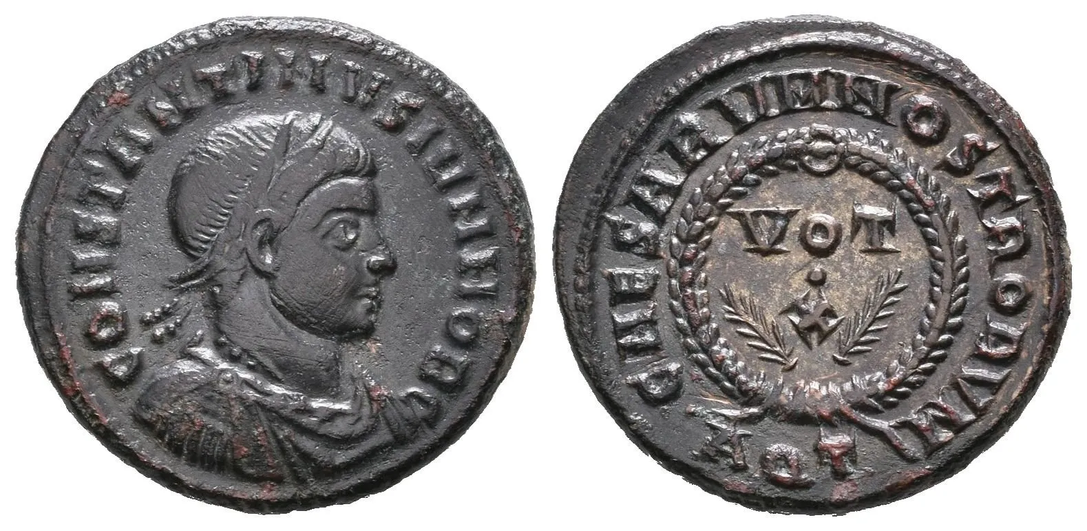 Follis, Aquileia, 330 - 335, Rv: CAESARVM NOSTRORVM VOT X ve věnci, — 1