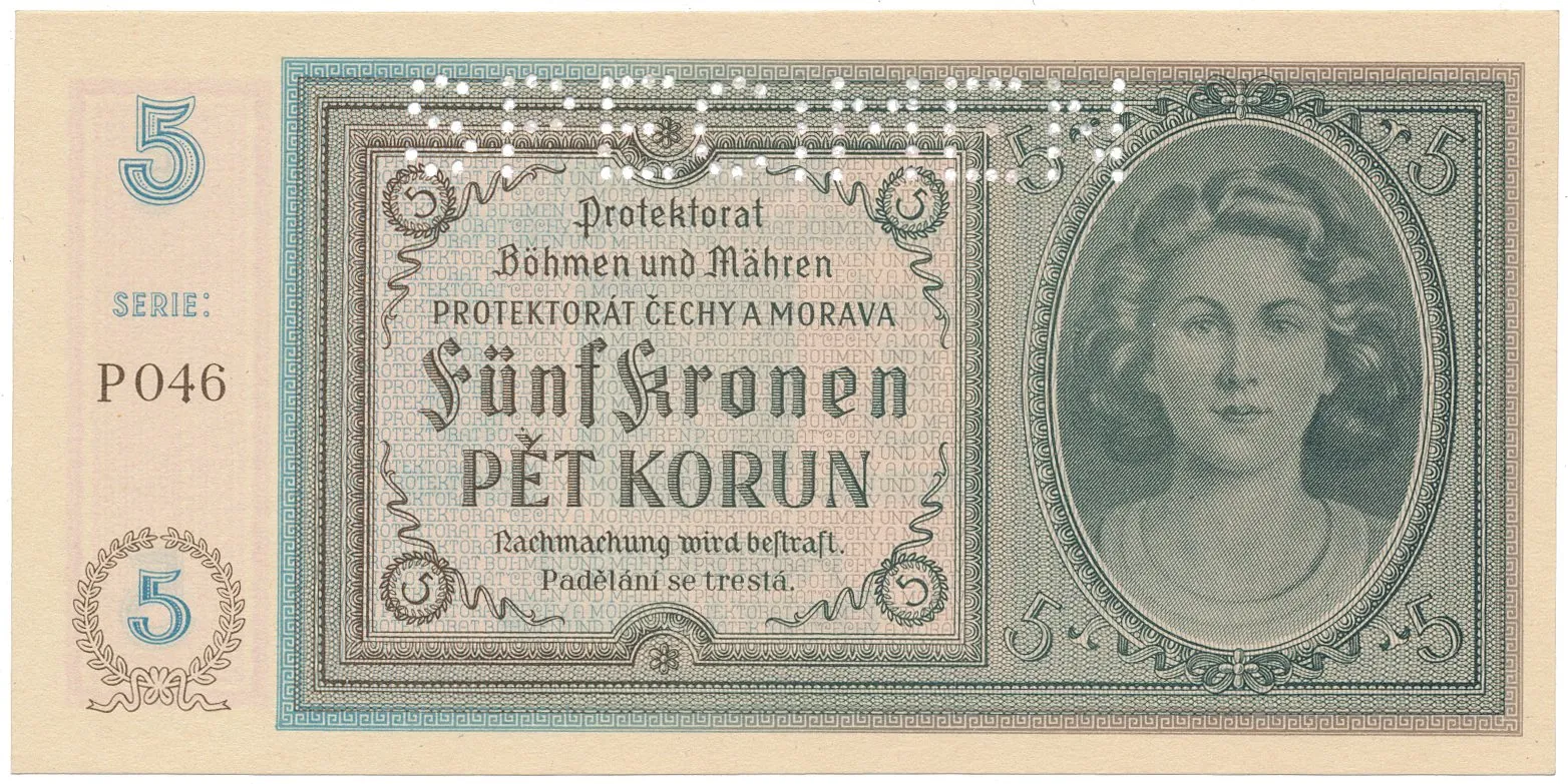 Protektorát Čechy a Morava, 5 Koruna b.d. (1940), tisk Pardubice, série P, perf. SPECIMEN, Hej.31d.S1