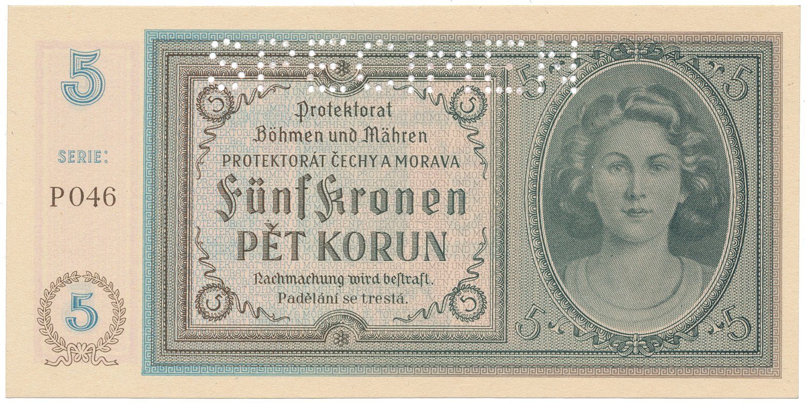 Protektorát Čechy a Morava, 5 Koruna b.d. (1940), tisk Pardubice, série P, perf. SPECIMEN, Hej.31d.S1
