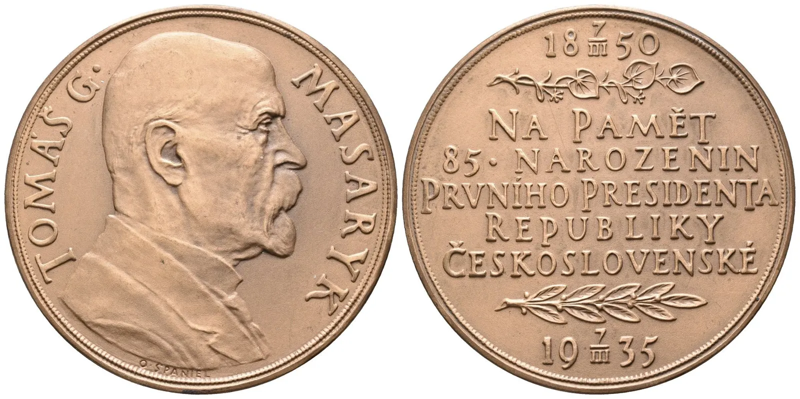 AE Medaile 1935 - K 85. narozeninám T. G. Masaryka. Poprsí T. G. Masaryka zprava, — 1