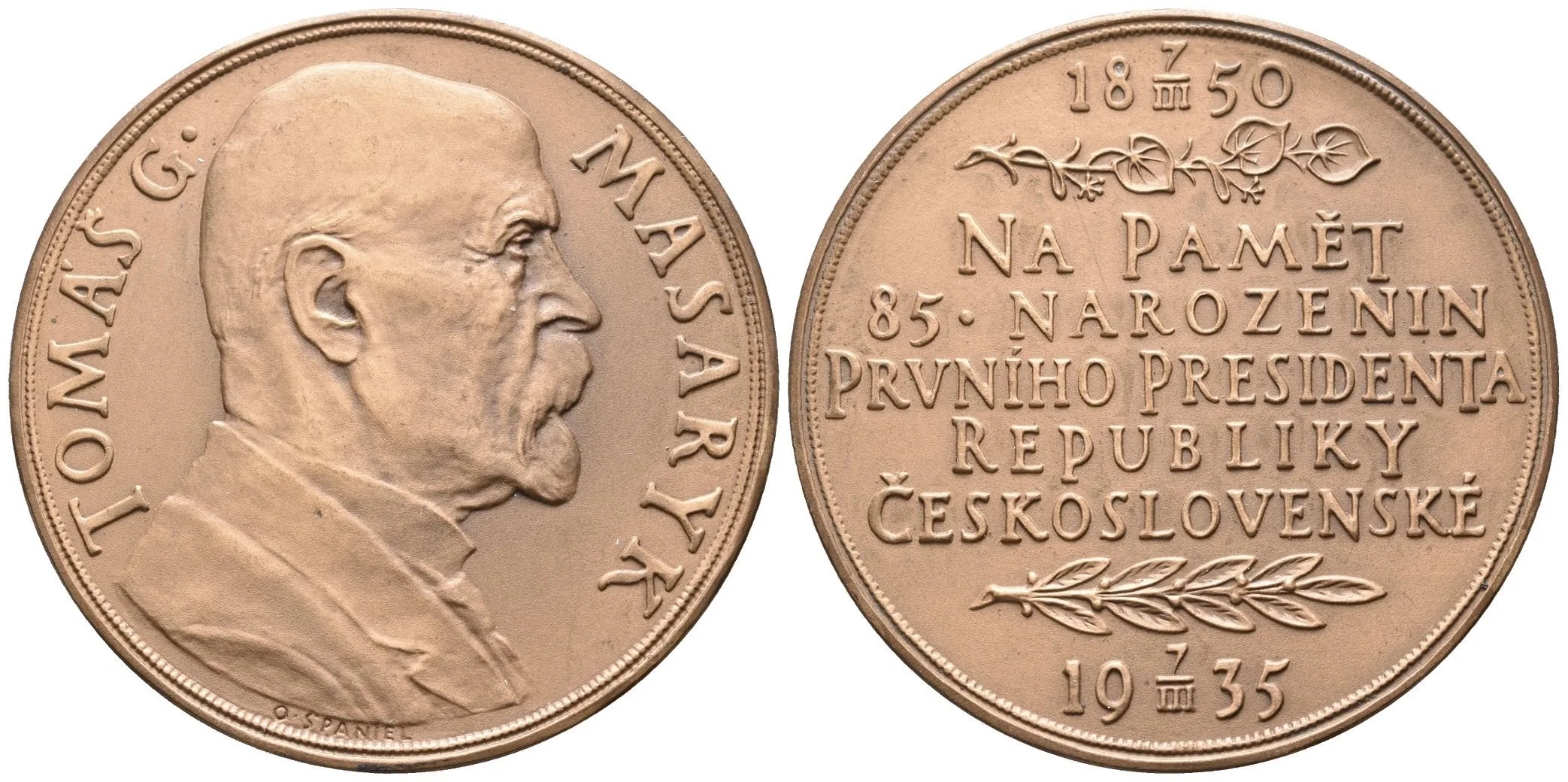 AE Medaile 1935 - K 85. narozeninám T. G. Masaryka. Poprsí T. G. Masaryka zprava, — 1