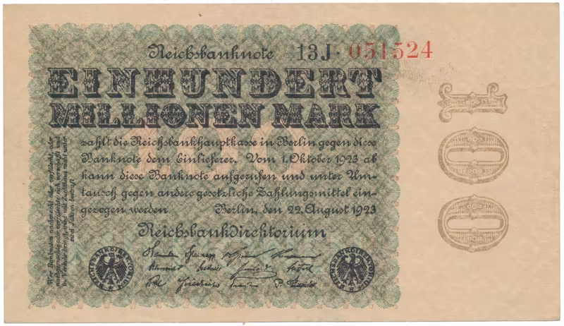 Německo, 100 Millionen Mark 1923, Kreuzblütten, Ro.106h
