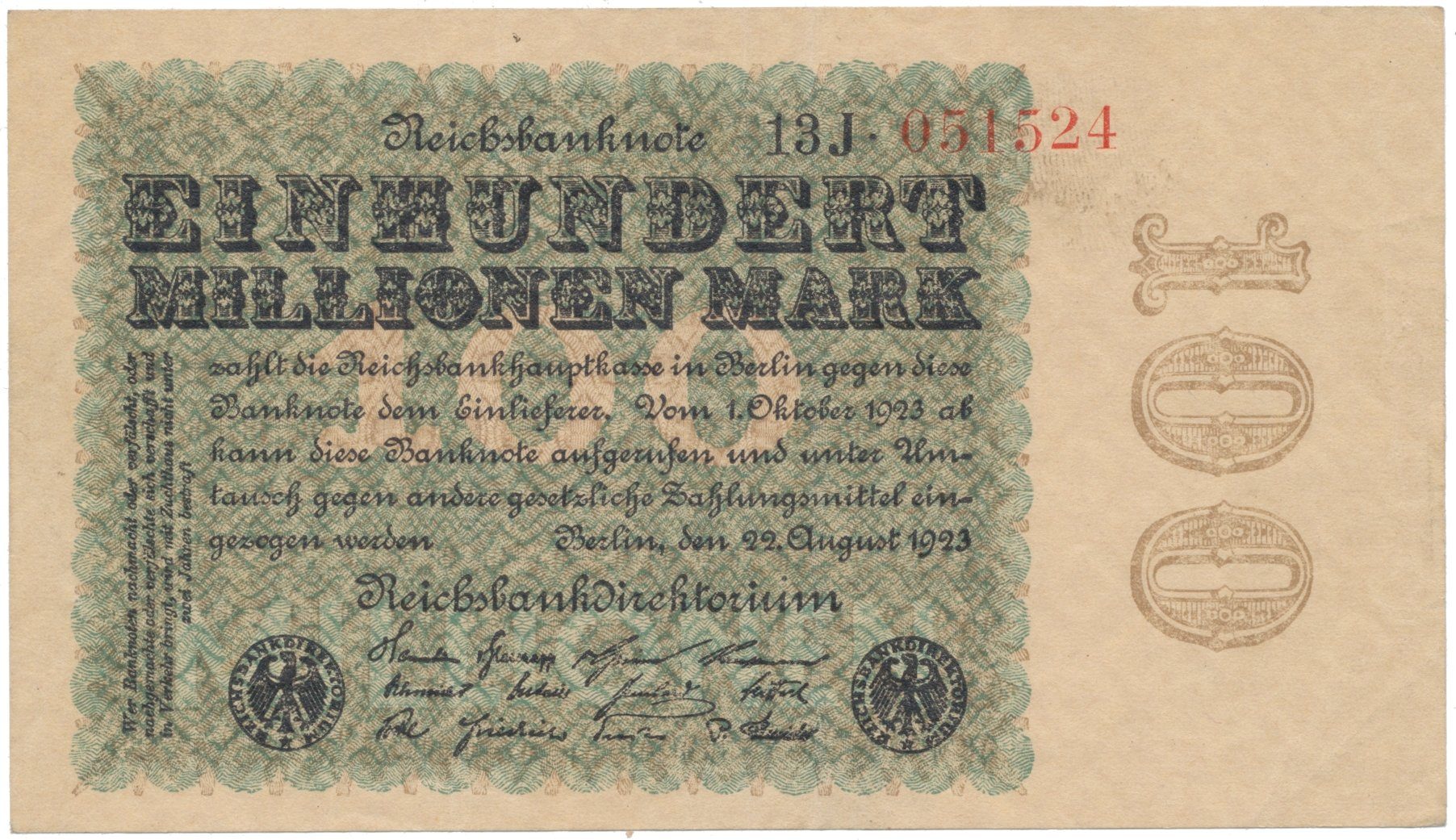 Německo, 100 Millionen Mark 1923, Kreuzblütten, Ro.106h