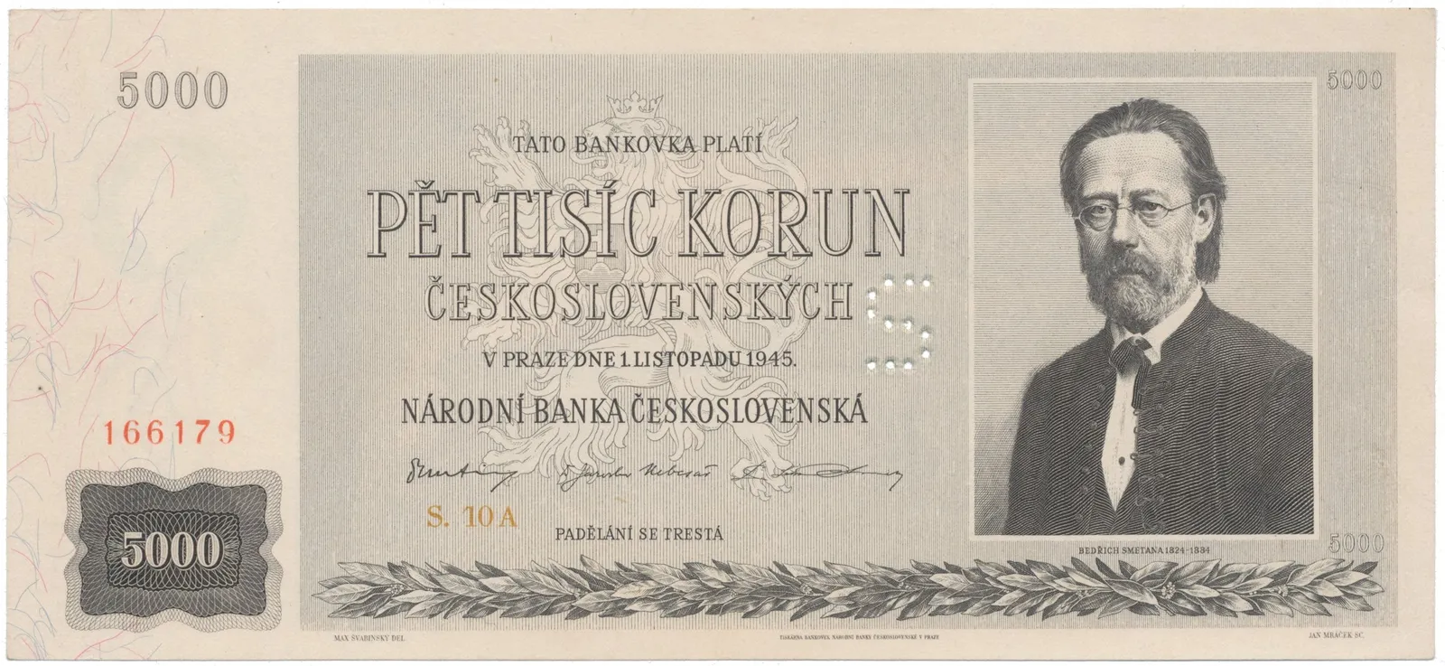 5000 Koruna 1945, perforace "S", Hej.80a