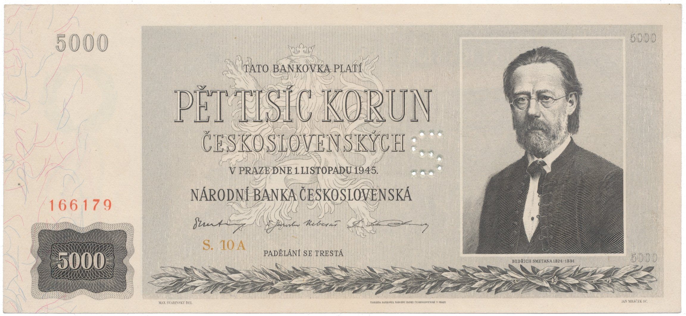 5000 Koruna 1945, perforace "S", Hej.80a