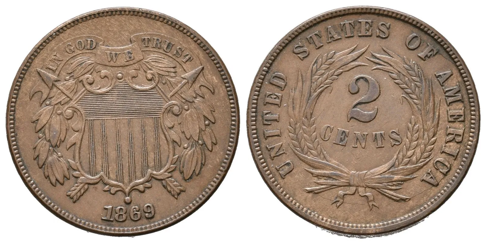 2 Cent 1869, KM.94, pěkná zachovalost — 1