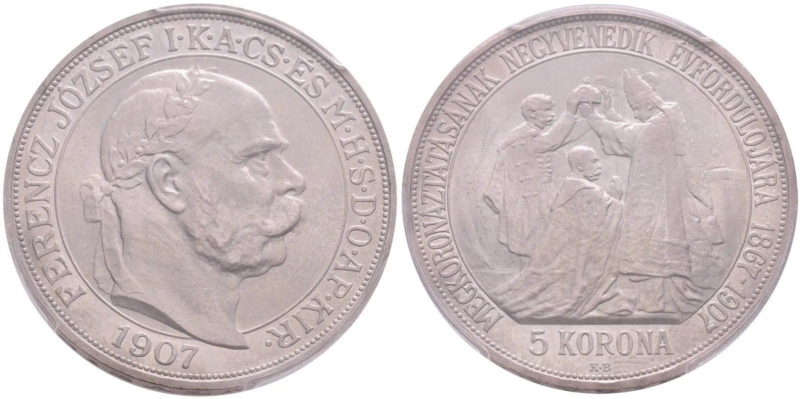 5 Koruna 1907 KB - Jubilejní k 40. výročí korunovace na uherského krále, neznačená — 1