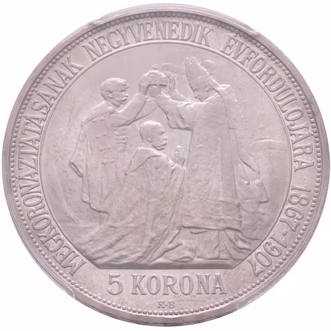 5 Koruna 1907 KB - Jubilejní k 40. výročí korunovace na uherského krále, neznačená