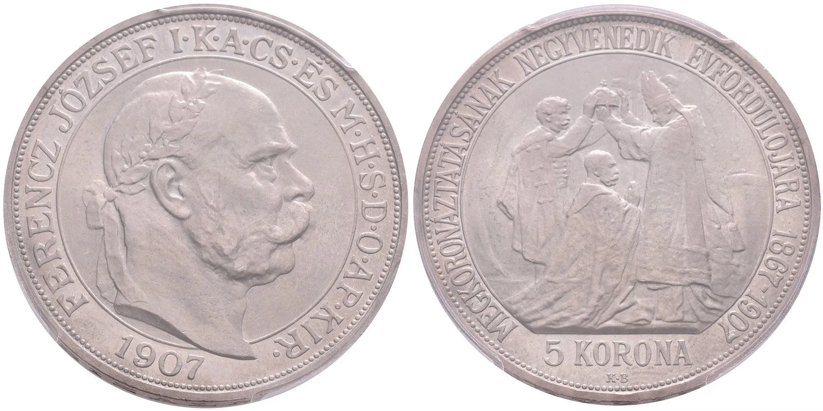 5 Koruna 1907 KB - Jubilejní k 40. výročí korunovace na uherského krále, neznačená — 1
