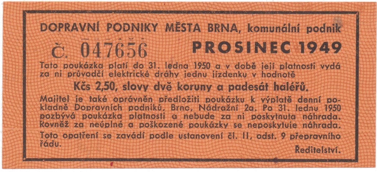 Brno - elektrické dráhy, 2.50 Kčs prosinec 1949, HH.16.1.11