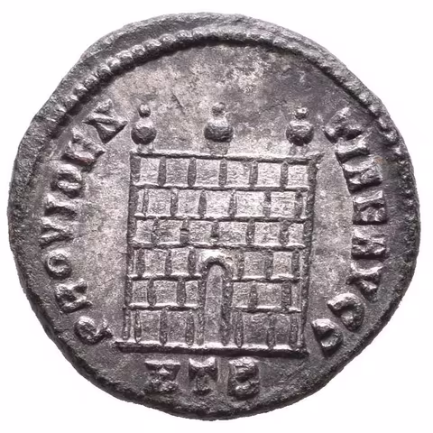 Follis, Heraclea, 317, Rv: PROVIDENTIAE AVGG, táborová brána se třemi věžičkami,
