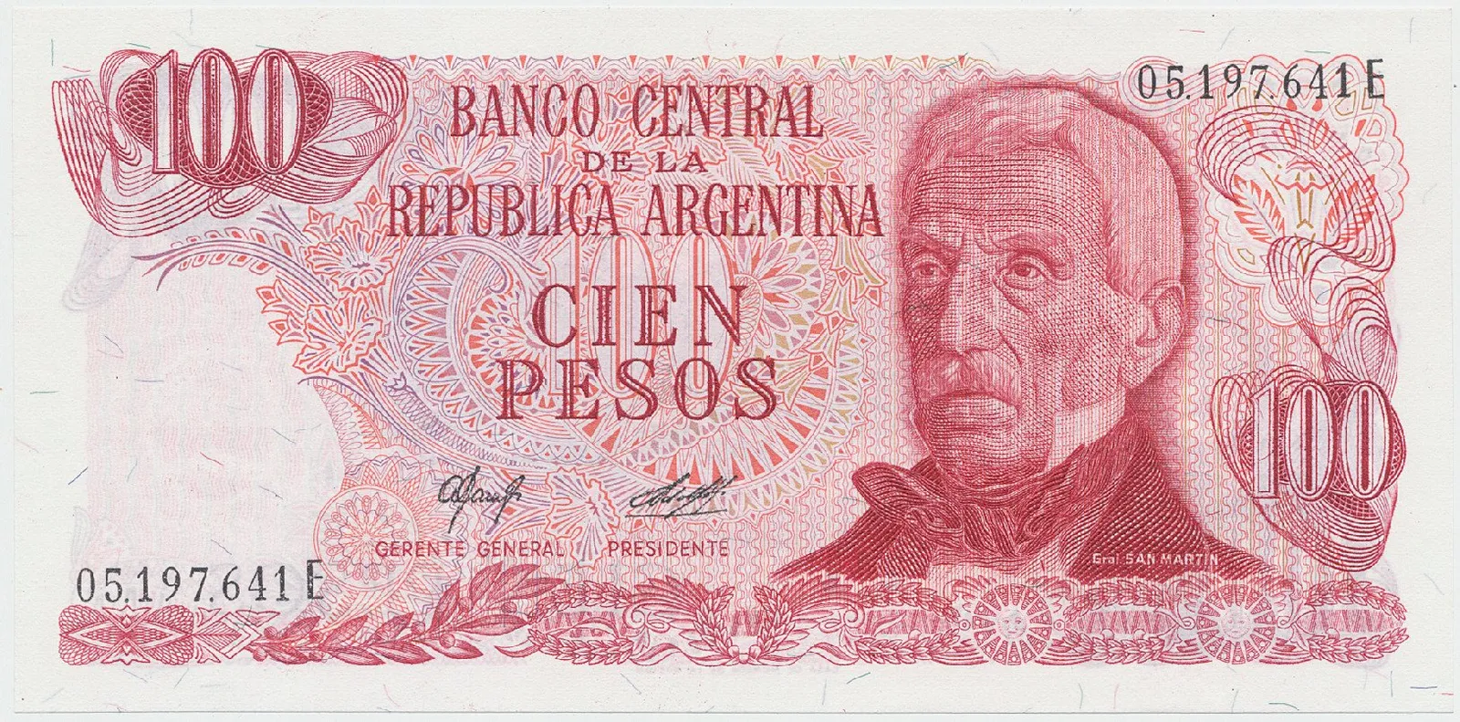 Argentina, 100 Pesos (1976~1978), papír s vlákny, P.302b