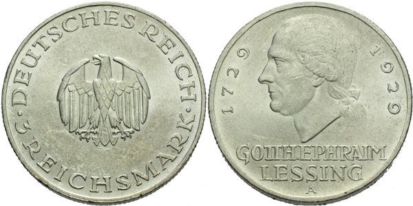 Výmar, 3 Marka 1929 A - Lessing