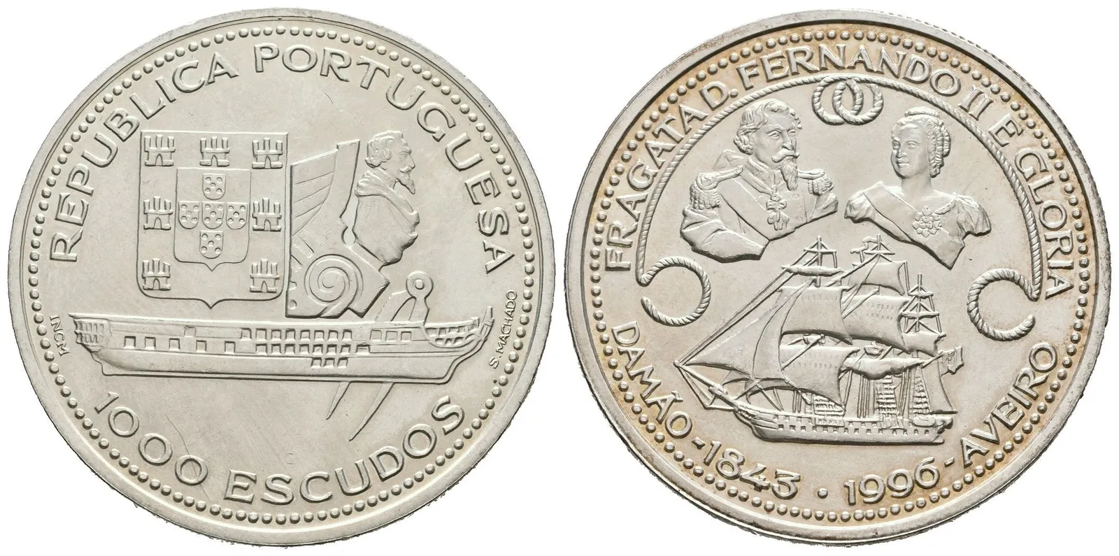1000 Escudos 1996 - Fregata Fernando II. "Gloria", KM.688, patina — 1