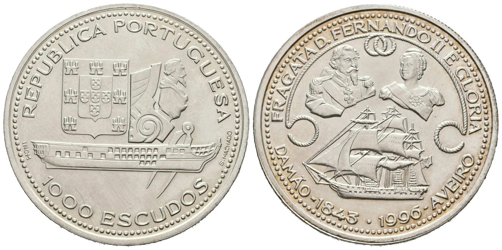 1000 Escudos 1996 - Fregata Fernando II. "Gloria", KM.688, patina — 1