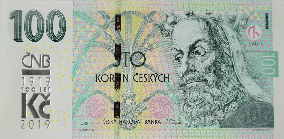 100 Koruna 2018/2019, série M 17, s přetiskem ČNB - 100 let Kč, Hej.CZ33a